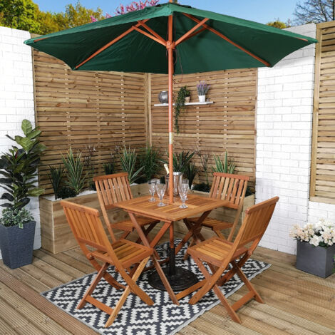 Outdoor 4 Person Folding Square Wooden Garden Patio Dining Table Chairs Parasol and Base Set (1/5)