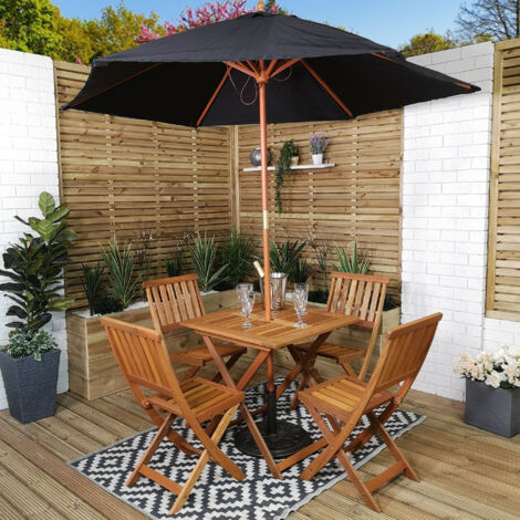 Outdoor 4 Person Folding Square Wooden Garden Patio Dining Table Chairs Parasol and Base Set (1/5)