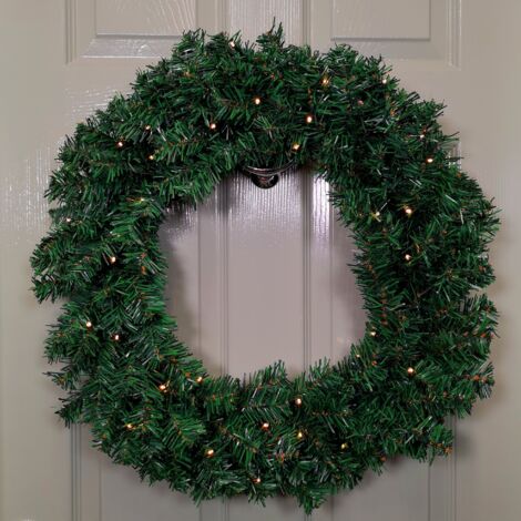 60cm Pre Lit Plain Green Christmas Wreath with Warm White LEDs and 160 Tips (1/5)