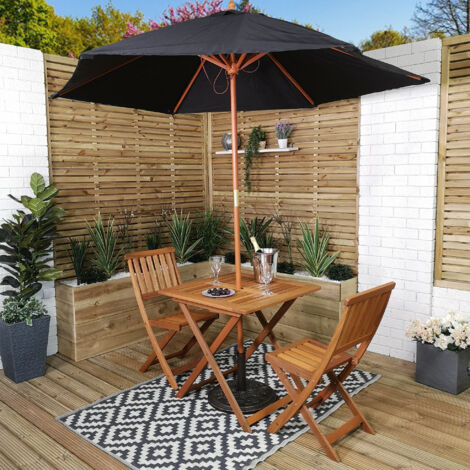 Outdoor 2 Person Folding Square Wooden Garden Patio Dining Table Chairs Parasol and Base Set (1/5)