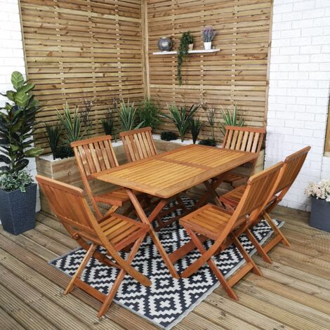 Outdoor 6 Person Folding Rectangular Wooden Garden Patio Dining Table Chairs Set