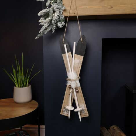 55cm Wooden Skis with Decorative White Fur and Silver Bells Christmas Decoration (1/5)