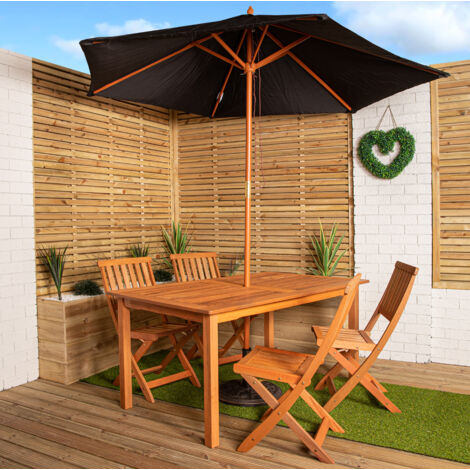 Outdoor 4 Person Rectangular Wooden Garden Patio Dining Table Chairs with Black Parasol and Base Set (1/5)