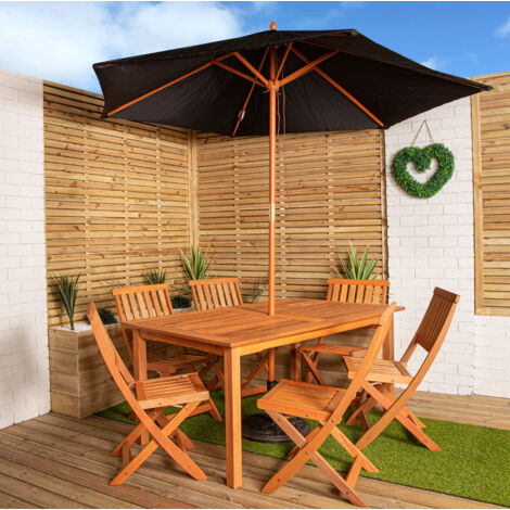 Outdoor 6 Person Rectangular Wooden Garden Patio Dining Table Chairs with Black Parasol and Base Set (1/5)