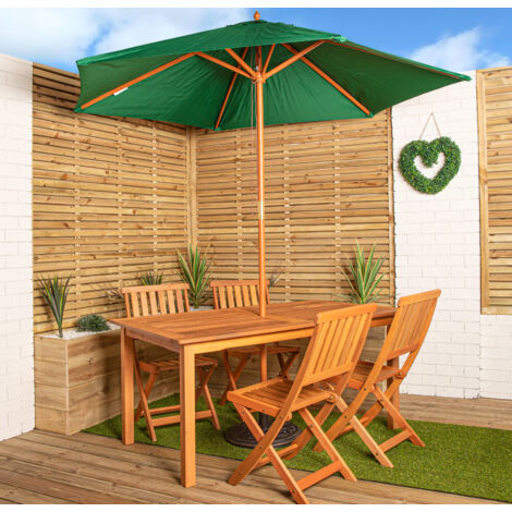 Outdoor 4 Person Rectangular Wooden Garden Patio Dining Table Chairs with Green Parasol and Base Set (1/5)