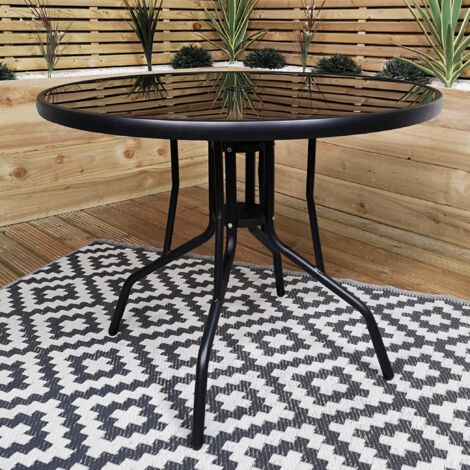 4 Person Round Black Garden Patio Table with Glass Top & Parasol Hole (1/5)