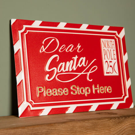 29cm Red and White Dear Santa Stop Here Hanging Metal Sign Christmas Decoration (1/5)