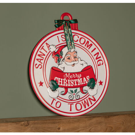47cm Round Metal Santa is Coming to Town Christmas Sign in Red & White (1/5)