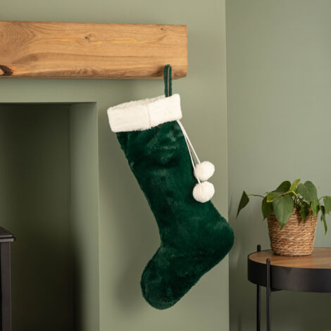 60cm Green Christmas Stocking with White Cuff and Pom Poms (1/5)