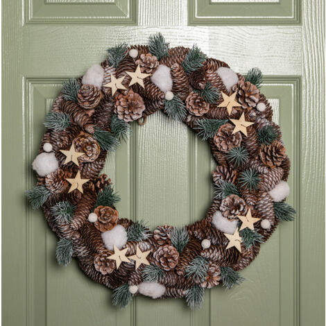 50cm Frosted Hanging Christmas Wreath with Pine Cones & Wooden Stars (1/5)