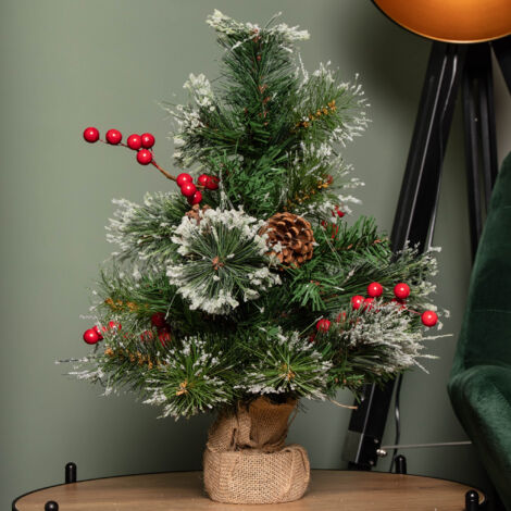 50cm Mini Christmas Tree in Burlap Base with Frosted Tips & Red Berries (1/5)