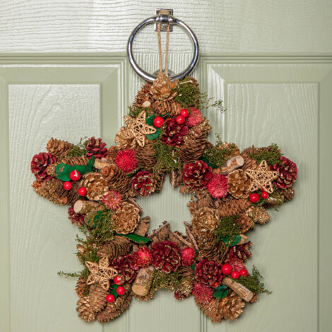 35cm Red Hanging Star Christmas Wreath with Red Berries and Pinecones (1/5)