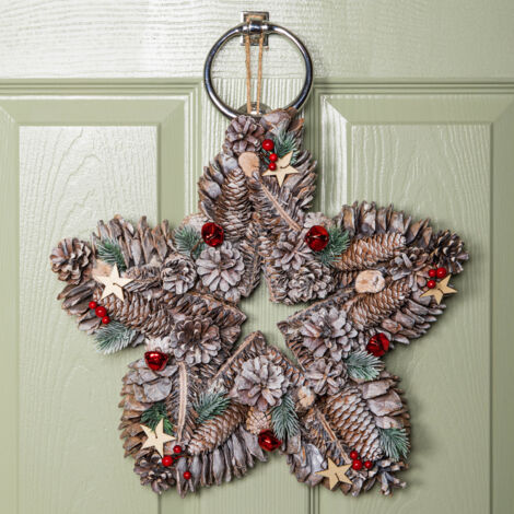 35cm Frosted Hanging Christmas Star Wreath with Red Jingle Bells & Wooden Stars (1/5)