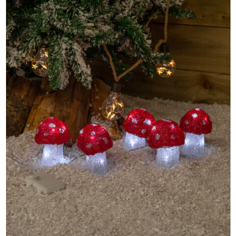 Set of 5 Battery Operated Red & White Acrylic Christmas Mushrooms with Cool White LEDs (1/5)