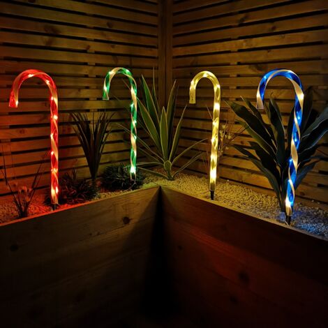 Set of 4 Battery Operated LED Multi Coloured Candy Cane Stripe Path Lights Christmas Decoration with Timer (1/5)