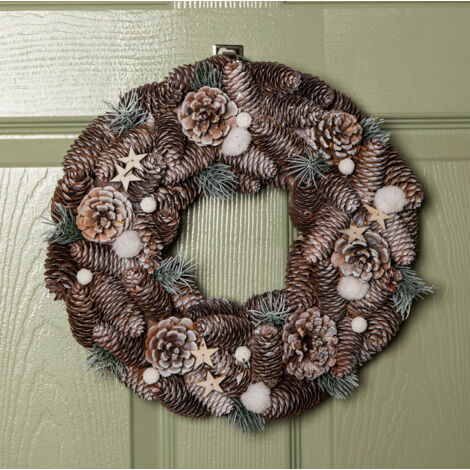 36cm Frosted Hanging Christmas Wreath with Pine Cones & Wooden Stars (1/5)