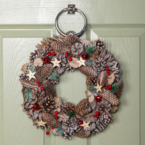 36cm Frosted Hanging Christmas Wreath with Red Jingle Bells & Wooden Stars (1/5)