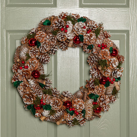 50cm Hanging Christmas YuleFest Wreath with Red Baubles & Snow Tipped Pine Cones (1/5)