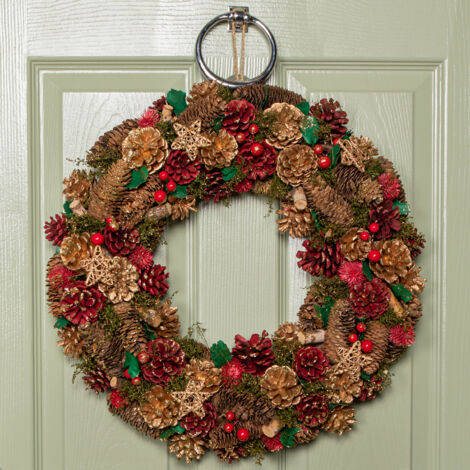 50cm Red Hanging Christmas Wreath with Red Berries and Pinecones (1/5)