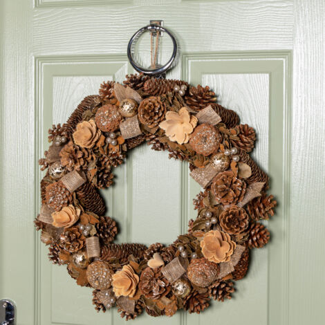 50cm Hanging Christmas Gold Fest Wreath with Pinecones and Gold Berries (1/5)