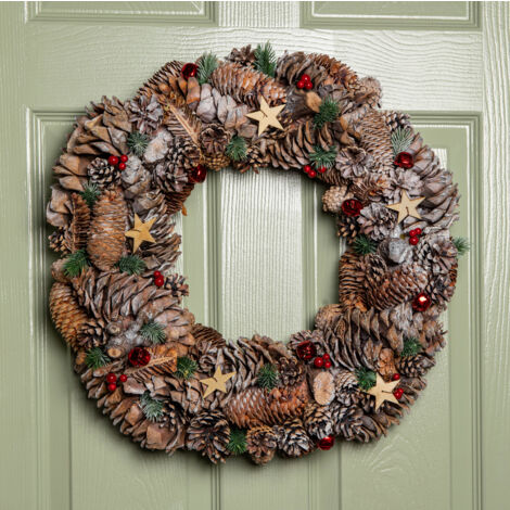 50cm Frosted Hanging Christmas Wreath with Red Jingle Bells & Wooden Stars (1/5)