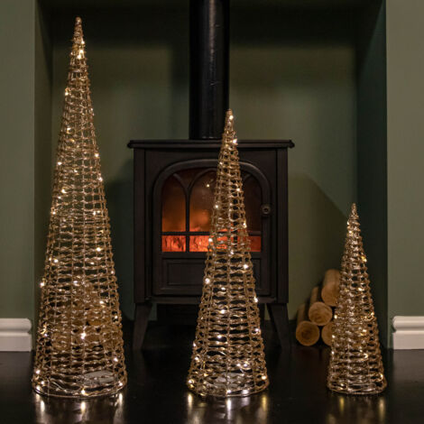 Set of 3 Gold Glitter Twist Christmas Cone Trees with 90 Warm White LEDs (1/5)