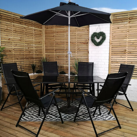 Outdoor 6 Person Rectangular Glass Top Garden Patio Dining Table Chairs With Black Parasol and Base Set