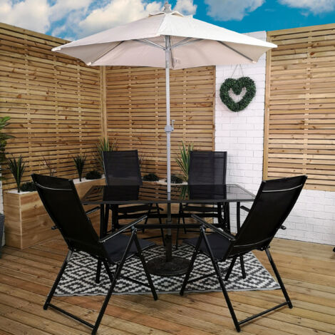 Outdoor 4 Person Rectangular Glass Top Garden Patio Dining Table Chairs Cream Parasol and Base Set (1/5)