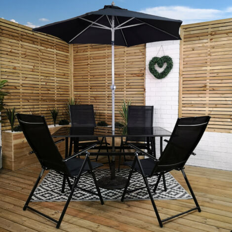Outdoor 4 Person Rectangular Glass Top Garden Patio Dining Table Chairs With Black Parasol and Base Set (1/5)