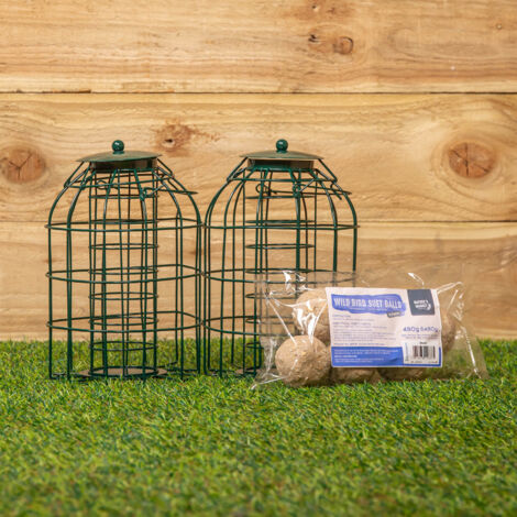 Pack of 2 Samuel Alexander Metal Hanging Bird Fat Ball Feeder with Squirrel Guard & Pack of 6 Suet Fat Balls (1/5)