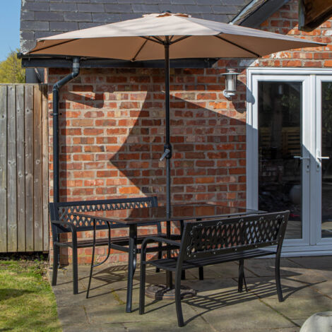 Outdoor 4 Person Rectangular Glass Top Garden Dining Table Benches With Beige Havana Parasol and Base Set (1/5)