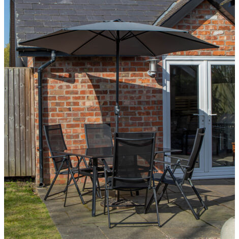 Outdoor 4 Person Rectangular Glass Top Garden Dining Table Chairs With Grey Havana Parasol & Base (1/5)
