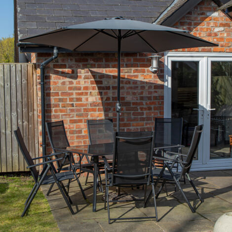 Outdoor 6 Person Rectangular Glass Top Garden Dining Table Chairs With Grey Havana Parasol and Base Set (1/5)