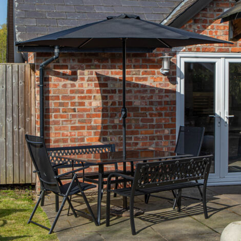 Outdoor 6 Person Rectangular Glass Top Garden Dining Table Benches & Chairs With Black Havana Parasol and Base Set (1/5)