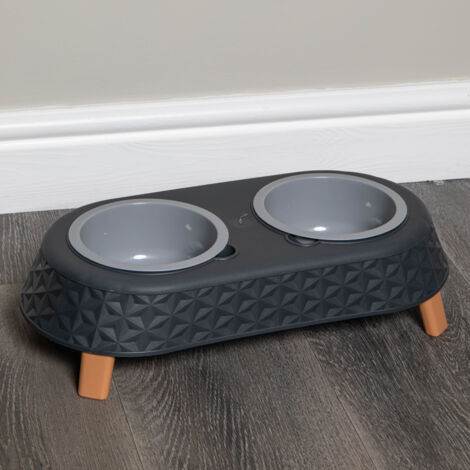 16cm x 9cm Grey Plastic Raised Double Pet Bowl Feeding Station with Stand (1/5)