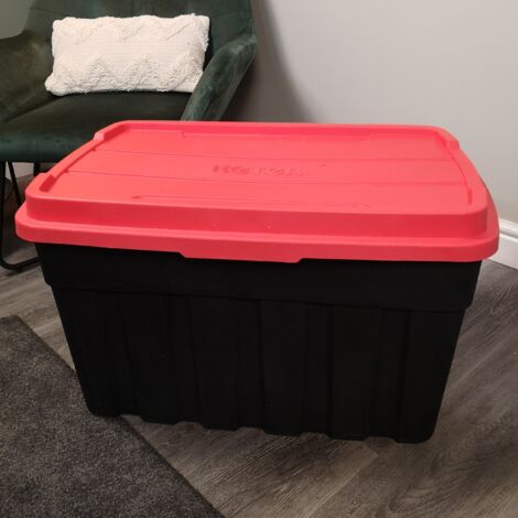 140L Black and Red Tuff Stackable Storage Box with Lid and Carry Handles (1/5)