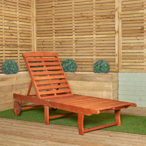1.9m x 0.6m Outdoor Wooden Adjustable Foldable Sunlounger with Wheels (1/5)