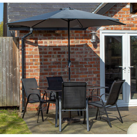 Outdoor 4 Person Rectangular Glass Top Garden Dining Table Chairs With Grey Havana Parasol and Base Set