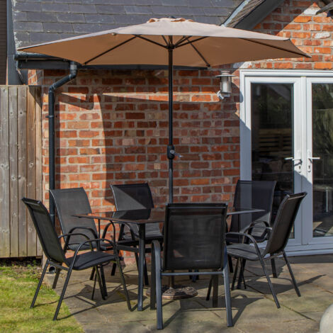 Outdoor 6 Person Rectangular Glass Top Garden Patio Dining Table Chairs With Beige Parasol and Base Set (1/5)