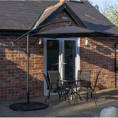 Outdoor 4 Person Round Glass Top Garden Dining Table Chairs With Black Banana Parasol and Base (1/5)