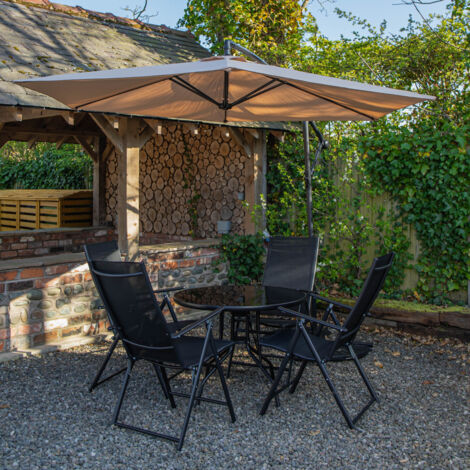 Outdoor 4 Person Round Glass Top Garden Dining Table Chairs With Beige Banana Parasol and Base (1/5)