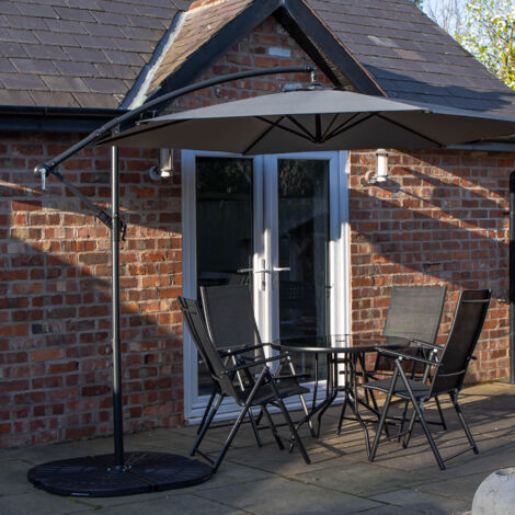 Outdoor 4 Person Round Glass Top Garden Dining Table Chairs With Grey Banana Parasol and Base (1/5)