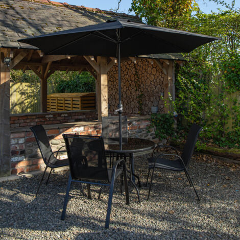 Outdoor 4 Person Round Glass Top Garden Dining Table Chairs With Black Parasol and Base Set (1/5)