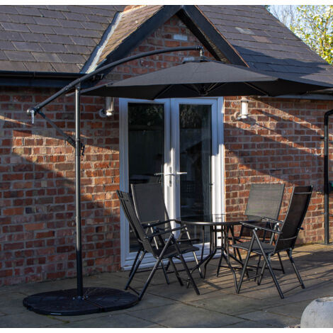 Outdoor 4 Person Round Glass Top Garden Dining Table Chairs With Black Banana Parasol and Base (1/5)