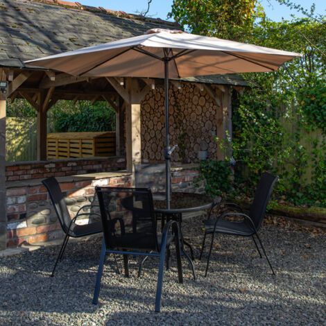 Outdoor 4 Person Round Glass Top Garden Dining Table Chairs With Beige Parasol and Base Set (1/5)