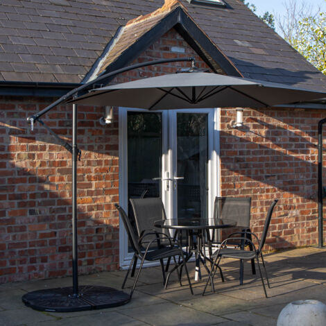 Outdoor 4 Person Round Glass Top Garden Dining Table Chairs With Grey Banana Parasol and Base (1/5)