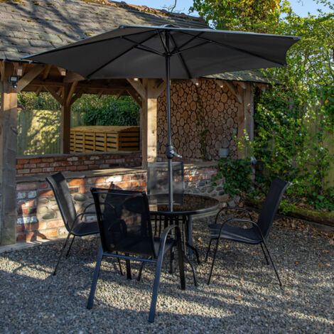 Outdoor 4 Person Round Glass Top Garden Dining Table & Chairs Set with Grey Havana Parasol (1/5)