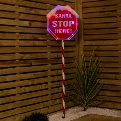 1m Light up Red Santa Stop Here Sign with 30 Multi-Coloured LEDs (1/5)