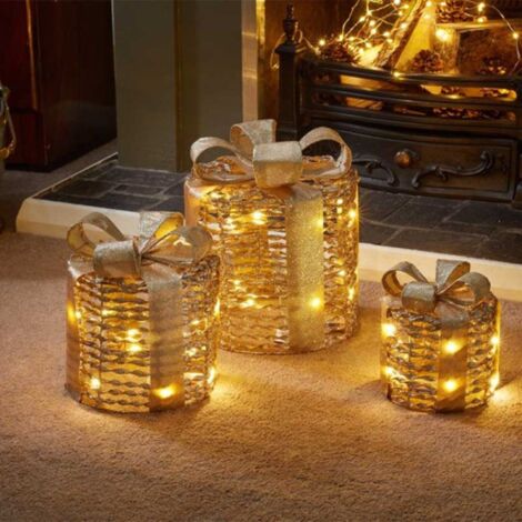 Set of 3 Battery Operated Gold Christmas Glitter Twist Gift Boxes with Warm White LEDs (1/4)
