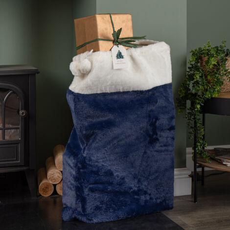 80 x 55cm Blue Soft Plush Christmas Sack with White Faux Fur Trim and Pom Poms (1/5)